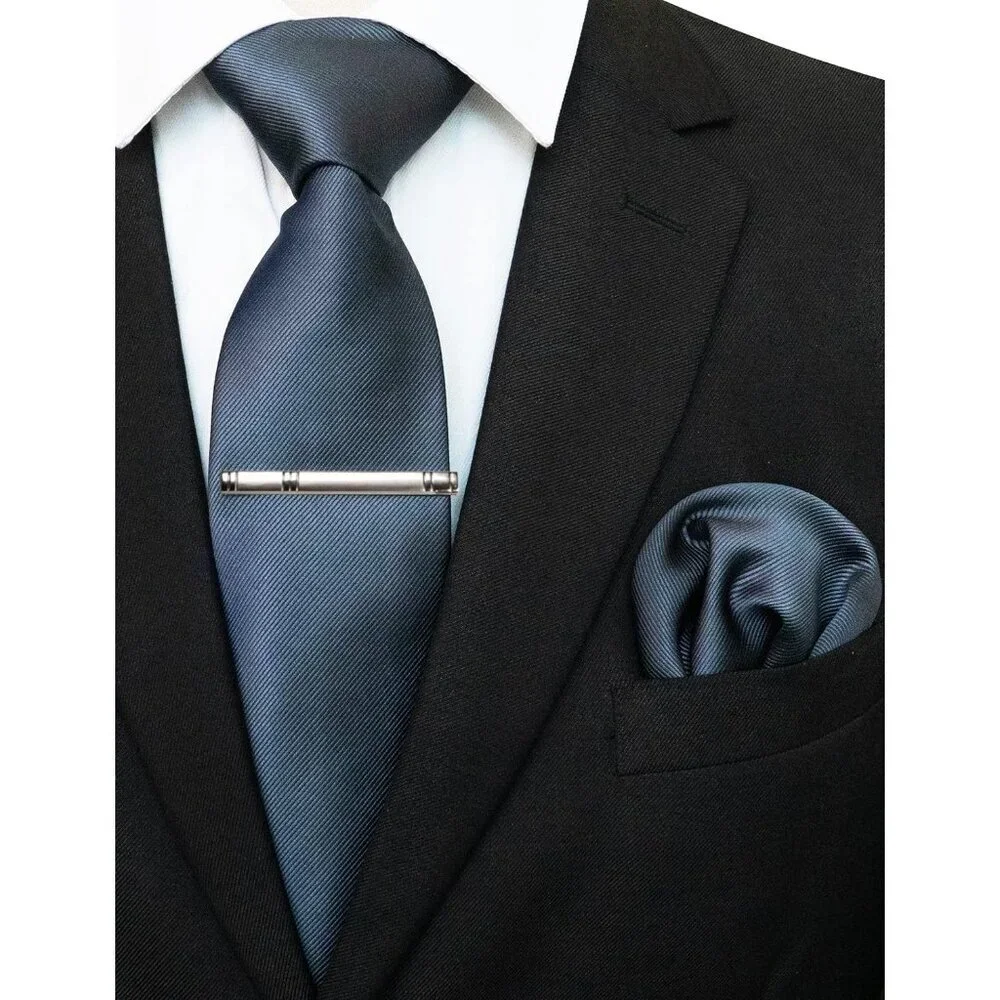 Men's Charcoal Colour Formal Necktie and Pocket Square Tie Clip Sets